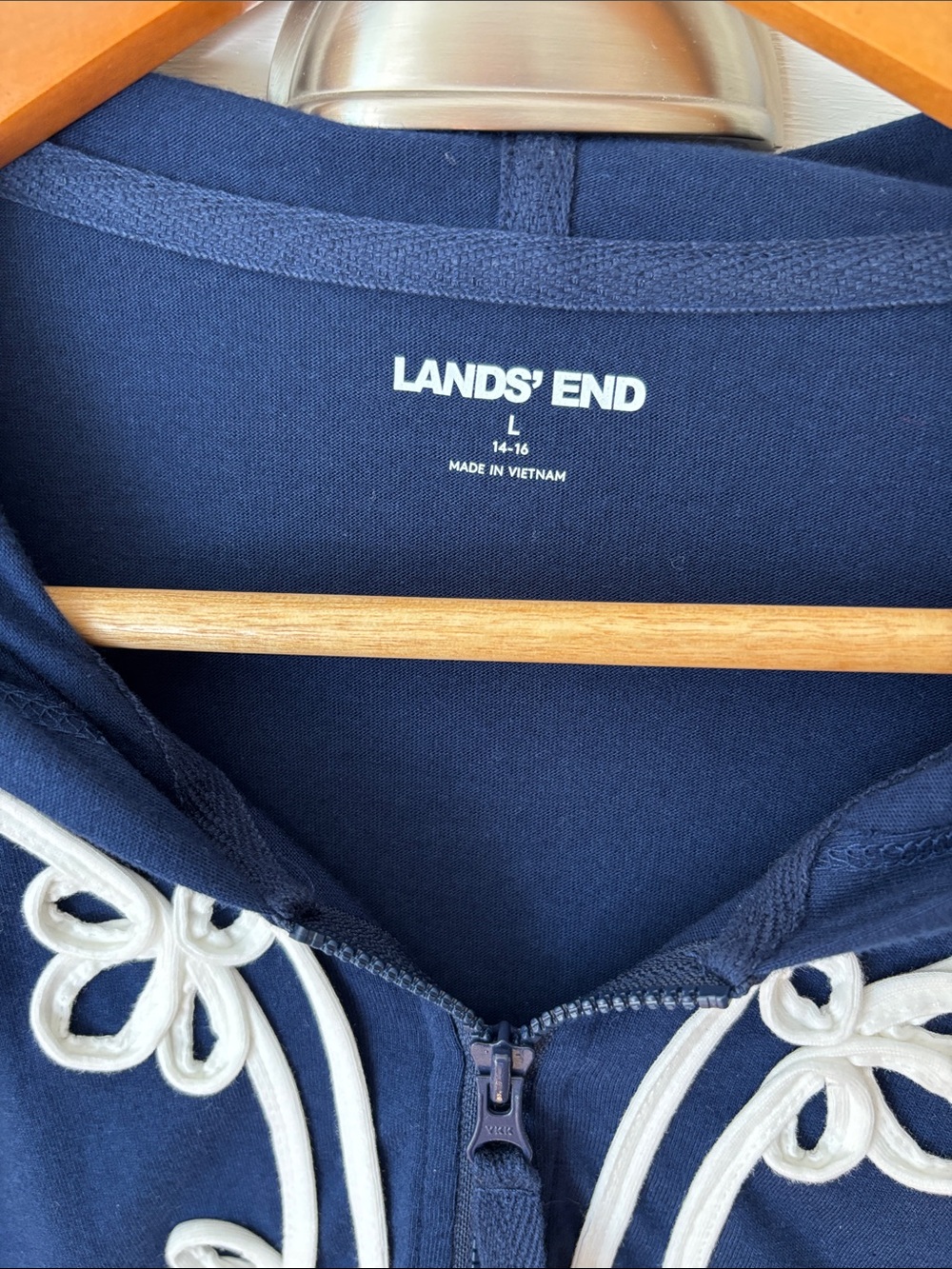 Lands' End Navy Hooded Tunic with White Loop Trim and Pockets Like New! Large 14 - Picture 2 of 5